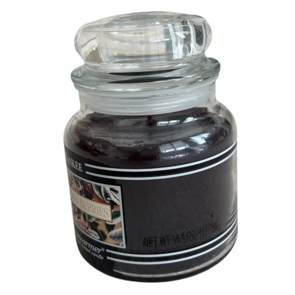 Yankee Candle Jar Christmas Berries Vintage Black Band Burgundy Deep Red 14.5 Oz
